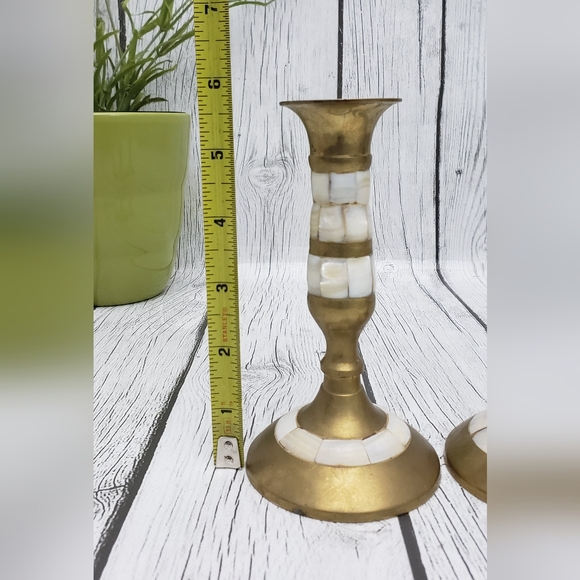Vintage Brass, Mother of Pearl Inlay Candle Holders for Candlesticks, Set of 2 - Picture 6 of 7